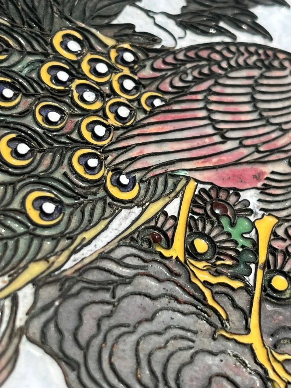 Metal scroll work Cloisonne plate bird and floral Design